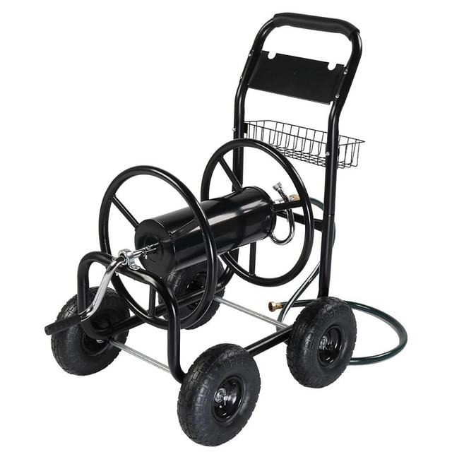 VINGLI 4-Wheel Garden Hose Reel Cart with Storage Basket, Portable Residential Hose Reel Cart, Lawn Watering, for Garden Backyard and Farm