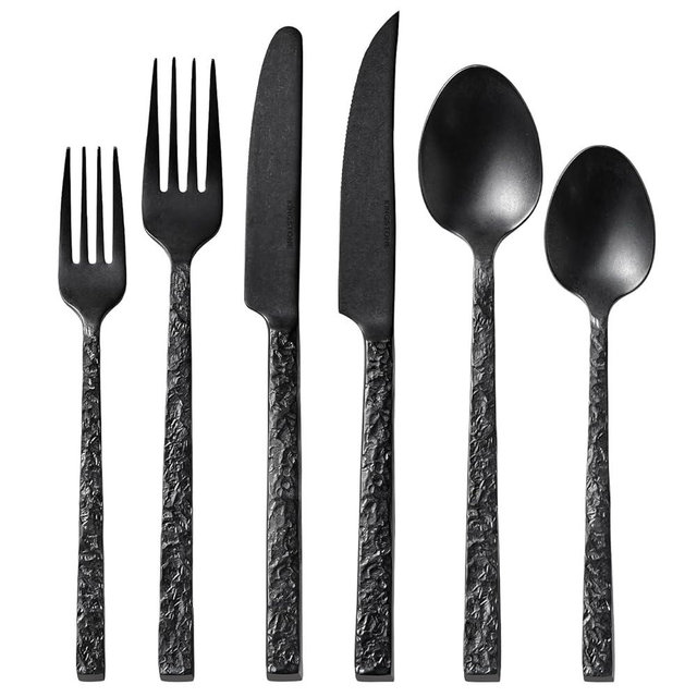 KINGSTONE 24 Pcs Black Hammered Silverware Set with Steak Knives for 4, 18/10 Stainless Steel Heavy Duty Flatware Set, Tableware Cutlery Utensil Sets for Home Restaurant Dishwasher Safe