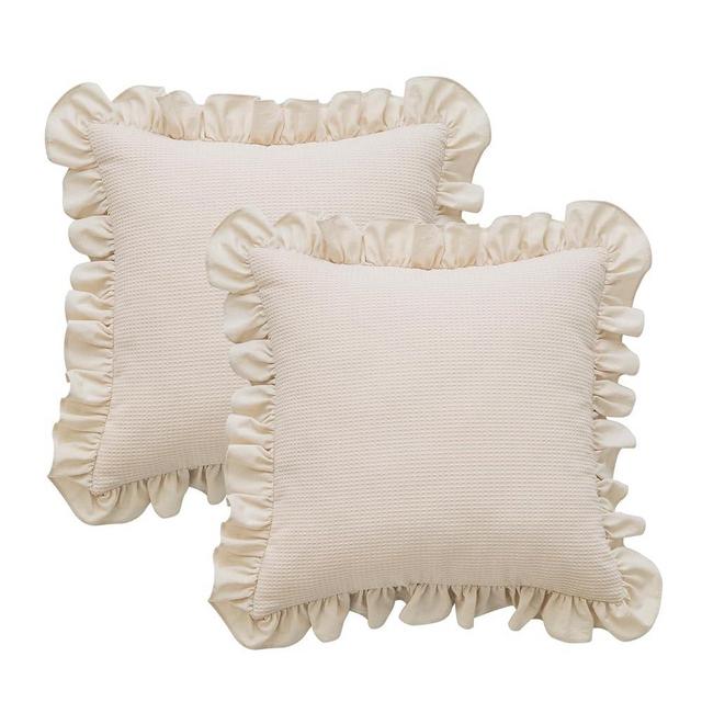 Waffle Weave Textured Throw Pillow Covers Set of 2 with Washed Cotton Retro Ruffle Flounces Trim Solid Decorative Pillow Cases for Home Livingroom and Bedroom Decor 18x18 Inch (Beige, 18x18 in)