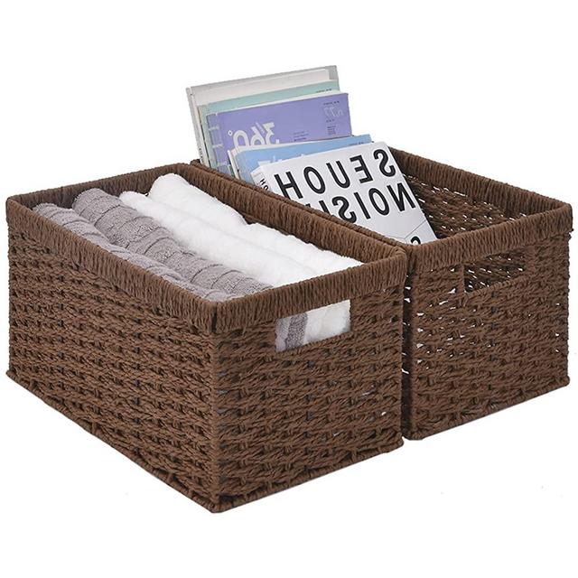 StorageWorks Round Paper Rope Storage Baskets, Rectangular Wicker Baskets with Built-in Handles, Medium, 2-Pack, 13 ¼ x 8 ½ x 7 ¼ inches