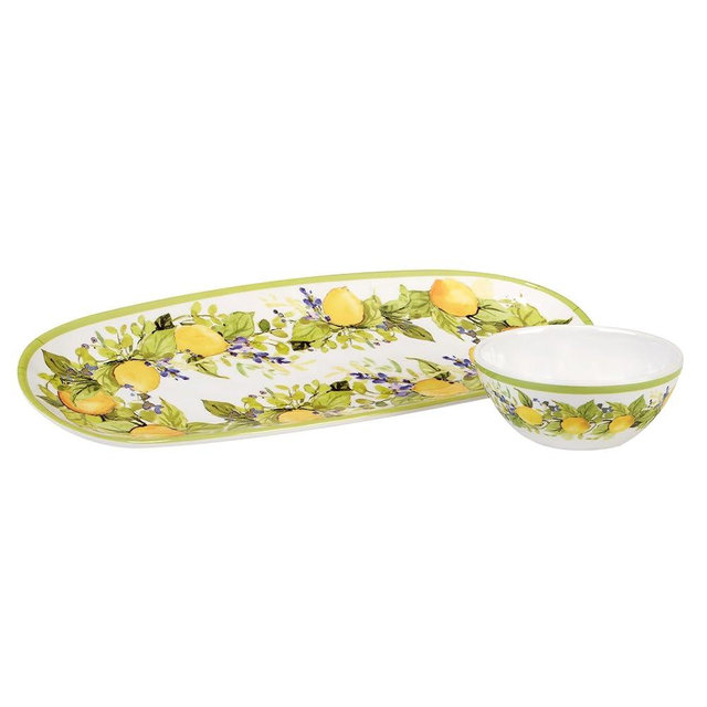 Certified International Lemon Zest Oval Tray with Dip Bowl Set, 15-inch Length (40888)