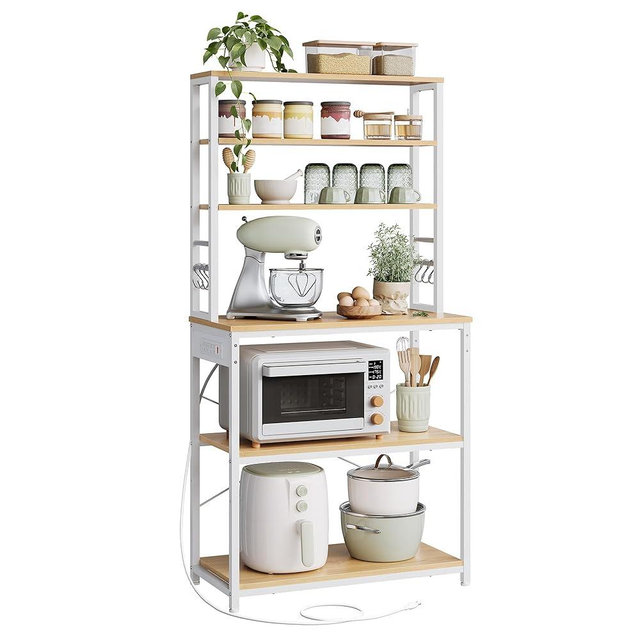 VASAGLE Bakers Rack with Power Outlet, 31.5 Inches Coffee Bar for Kitchen with Storage, 6-Tier Kitchen Shelves with 6 Hooks, Microwave Stand, Golden Oak and White UKKS119Y01