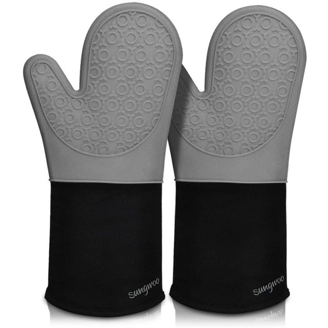 Sungwoo Extra Long Silicone Oven Mitts, Durable Heat Resistant Oven Gloves with Quilted Liner Non-Slip Textured Grip Perfect for BBQ, Baking, Cooking and Grilling - 1 Pair 14.6 Inch Grey