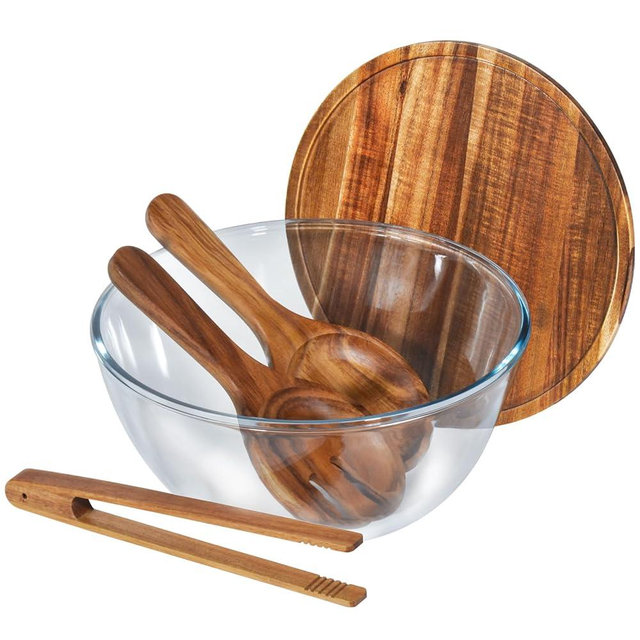 Anyvape Glass Salad Bowl Set, Extra Large 4.8QT Serving Bowl with Acacia Wood Lid & Utensils – Heavy-Duty Glass Bowl for Salad, Mixing, Parties & Charcuterie