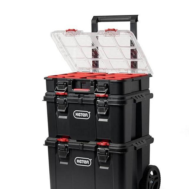 Keter Stack-n-Roll Mobile Tool Storage and Organization, 3 Piece Resin Modular Toolbox System