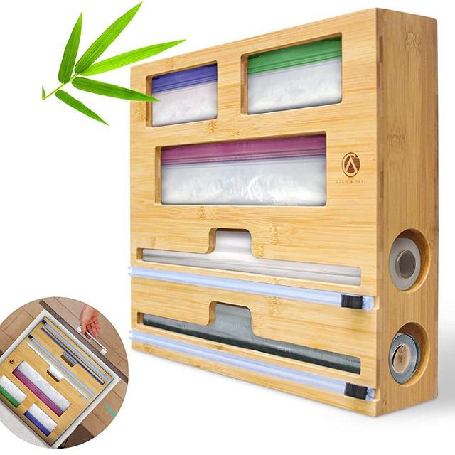 Crew & Axel Foil and Plastic Wrap Organizer + Bag Organizer 12” Wide From 100% Natural Bamboo Includes Anti Slip Pads – Place in Draw, Hang On Wall (Adhesives Included) Compatible with Ziplock