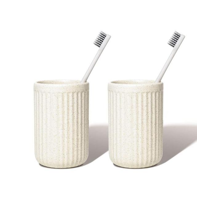 ABBI NIMO 2 Pack Beige Ceramic Toothbrush Holder for Bathroom Countertop, Randomly Speckled Ceramic Tumbler, Rippled Cylinder Pen Holder, Desktop Organizer, Bathroom Accessory