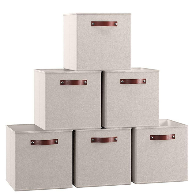 Ornavo Home Foldable Collapsible Storage Box Bins Linen Fabric Shelf Basket Cube Organizer with Leather Handles - Set of 6 - 13 x 13 x 13 - Beige