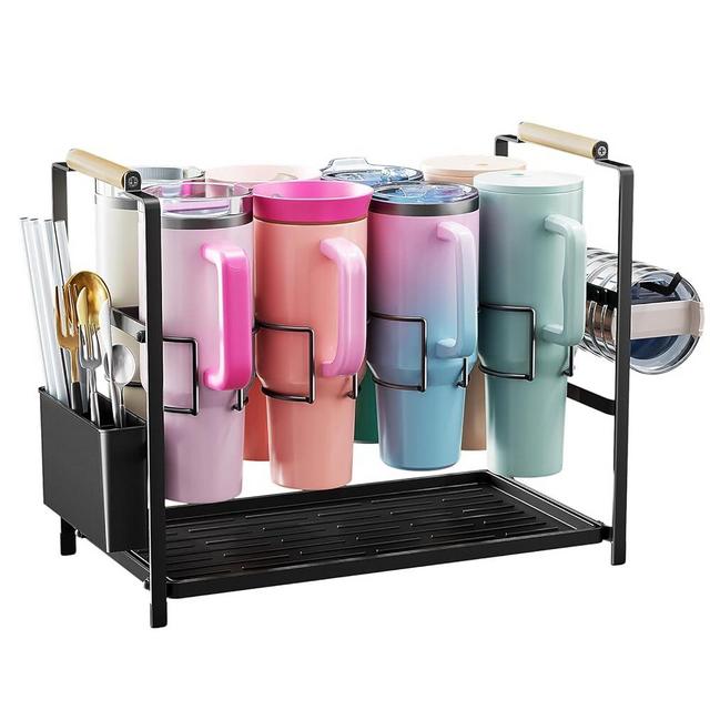 Housolution Water Bottle Organizer Drying Rack for 40 oz Tumbler with Handle, 2 in 1 Multifunctional Cup Storage Holder Compatible with Stanley, Owala, Simple Modern, Soufull, 8 Slots (Patented)
