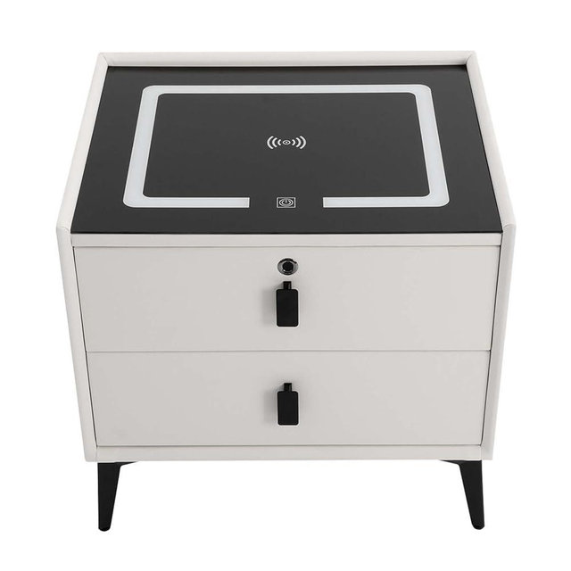 Nightstand with Fingerprint Lock Drawer, Smart Nightstand with Wireless Charging/USB Port, Bluetooth Speaker Side Table with Storage Drawers, Equipped with 3-Colour Ambient Light