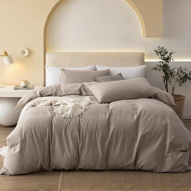 JIYUAN 100% Washed Cotton Duvet Cover Set Comfy Simple Style Soft Breathable Textured Durable Linen Feel Bedding for All Seasons King, Solid Tannish Grey