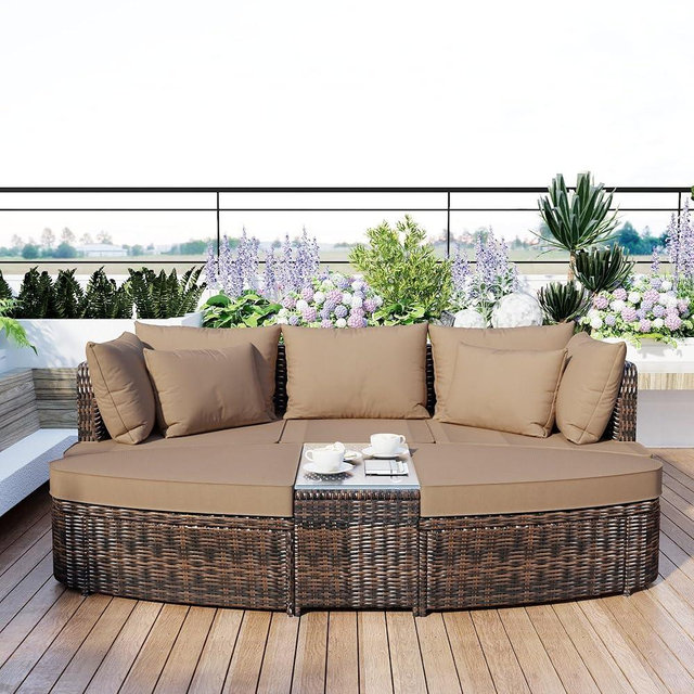 Merax 6 Piece Patio Outdoor Conversation Round Sofa Set, PE Wicker Rattan Separate Seating Group with Coffee Table, for Balcony, Poolside, Lawn, Garden, Brown