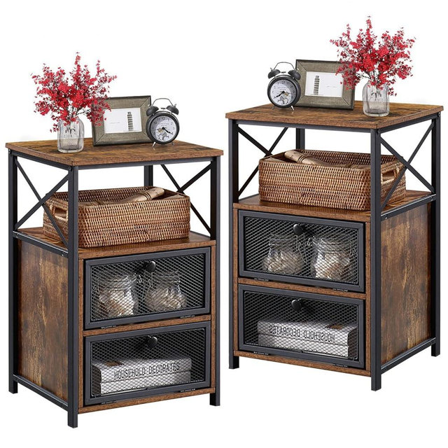 VECELO Nightstand Set of 2, End Table with Flip Drawer, Modern Night Stand for Bedroom Living Room, Office, Easy Assembly, 2 PCS, Brown