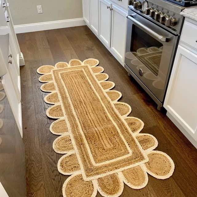KLAVATE Scalloped Home Decor Braided Bohemian Jute Classic Quality Made Natural Hand Woven Area Rug (White, 2.5x6)