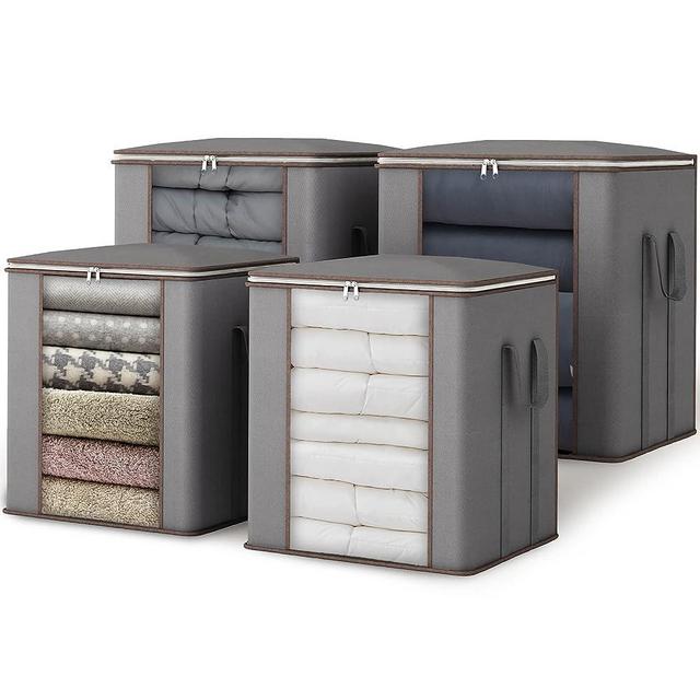Fixwal 4pcs King Foldable Comforters Storage Bags, 120l Extra Large Organizers for Blankets, Clothes, Pillows, Quilts, Bedding Storage Containers with Thick Fabric Reinforced Handles, Grey