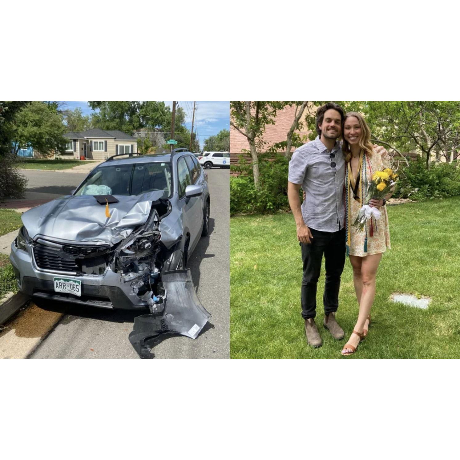 May, 2022: Gabi graduates nursing school! Some ding-dong was eating and driving, ran a stop sign, and t-boned us on the way.