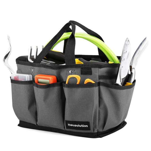 Housolution Gardening Tote Bag, Deluxe Garden Tool Storage Bag and Home Organizer with Pockets, Wear-Resistant & Reusable, 14 Inch, Gray + Black