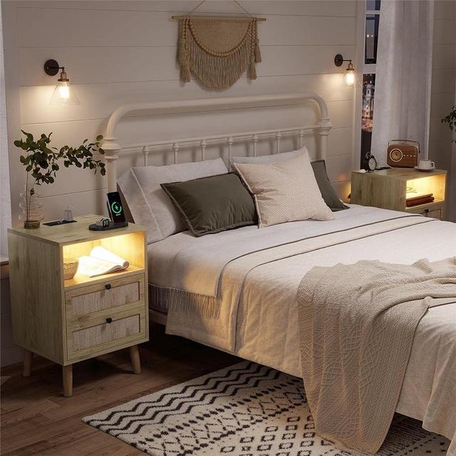 AOGLLATI Rattan Nightstands Set of 2, with Charging Station and LED Lights, Bed Side Tables with 2 Drawers and Open Storage, End Tables, Wood Night Stands for Bedroom, Natural