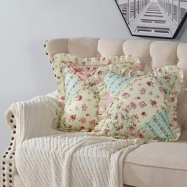 Brilliant Sunshine Roses Ruffle Pillowshams, Quilted Patchwork Decorative Pillow Covers Set, Washable Square Throw Cushion Cases for Couch, Recliner, Armchair, Bed, 18x18, Pack of 2, Pink Green