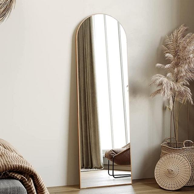 Honyee Full Length Mirror, Arched Floor Mirror with Standing Holder, Wooden-Frame Wall Mirror for Cloakroom/Bedroom/Living Room and More (63"x19" Arched, Natural Wood)