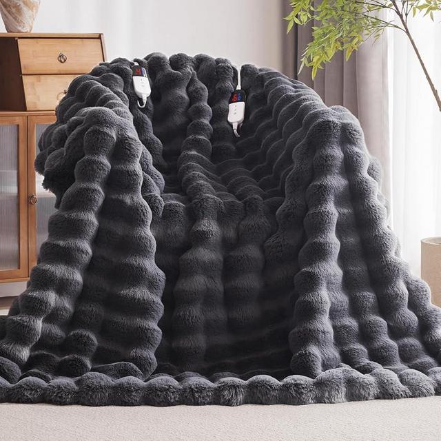 Anysay Heated Blanket Throw with 6 Hours Auto-Off 10 Heat Level, 90'' * 100'' Cozy Faux Rabbit Fur Bubble Electric Blanket with Overheating Protection, Dual Control Soft Heating Blanket (Dark Grey)