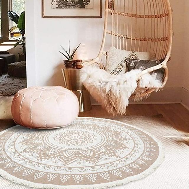 Boho Rug for Bedroom, Round Mandala Rug for Living Room, Cute Bohemian Circle Meditation Rug, Round Cotton Woven Fringe Rug 3.9'