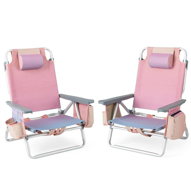 Giantex 2-Pack Folding Beach Chair - Patio Sling Chairs with 5 Adjustable Position, Head Pillow, Storage Bag, Towel Bar, Cup Holders, Fishing Backpack Lawn Chairs for Sunbathing, Camping Chair, Pink