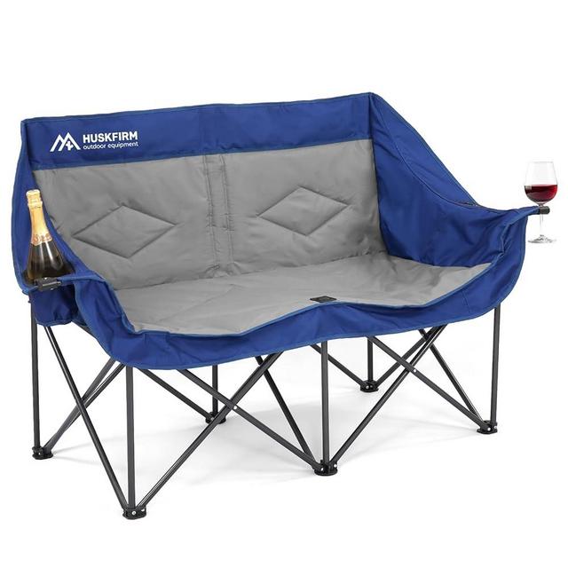Double Camping Chairs Oversized Loveseat - 2 Person Camp Chair Portable Lawn Folding Chair for Outside Adults - Heavy Duty Outdoor Camping Couch with Cup Hold, Blue