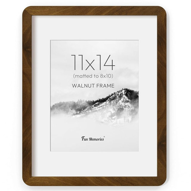 Fun Memories 11x14 Picture Frame - Solid Walnut Wood 11x14 Frame with Mat for 8x10 Photos, 11 By 14 Poster Wood Wall Frame, Horizontal or Vertical Wall Mounting, Natural Walnut