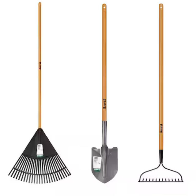 Anvil 3-Piece Wood Handle Garden Essentials Tool Set (Poly Leaf Rake, Digging Shovel and Bow Rake) 78115-945