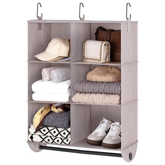 StorageWorks Hanging Closet Organizer with Metal Rod, 6-Section Closet Organizers and Storage, Collapsible Hanging Shelves for Wardrobe Organizer, Nursery, Bedroom, Light Khaki