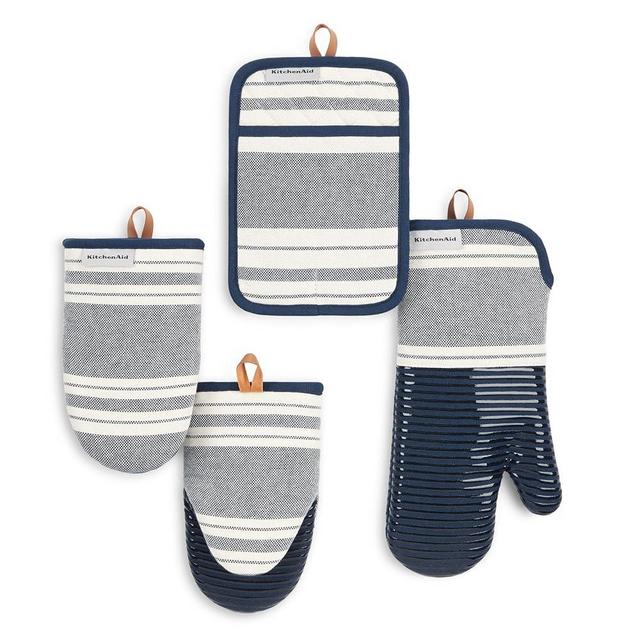 KITCHENAID Vintage Stripe Oven Mitt, Mini Oven Mitt & Pot Holder 4-Pack, 100% Cotton, Heat Resistant, Ink Blue/Ivory, 7"x14", 5.5"x9" & 7"x10"