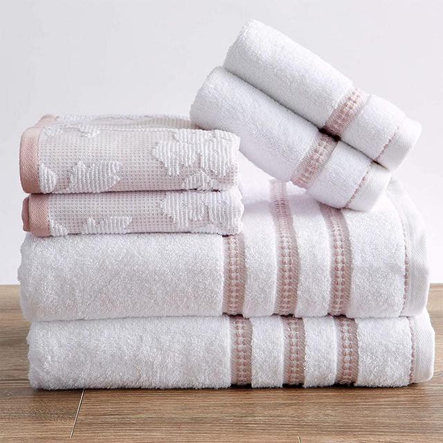 100% Cotton Floral Jacquard Bath Towels, Luxury 6 Piece Set - 2 Bath Towels, 2 Hand Towels and 2 Washcloths. Absorbent Super Plush Decorative Towels (6 Piece Set, White / Mauve)