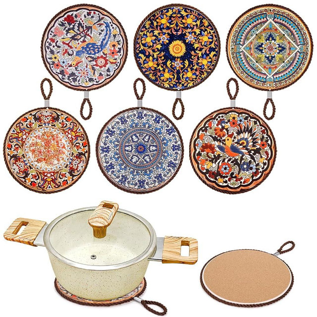 ELFULLY 6 Pack Ceramic Trivets, 6.7" Hot Pads for Pots and Pans, Portable Hanging Hot Dish Mat, Heat Resistant Coaster, Non-Slip Hot Plate Mats for Kitchen Countertop, Table, Home Decor