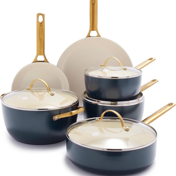 GreenPan Hard Anodized Healthy Ceramic Nonstick 10 Piece Cookware Pots and Pans Set, Gold-Tone Stainless Steel Handles, PFAS & PFOA-Free, Dishwasher Safe, Oven & Broiler Safe, Twilight Blue