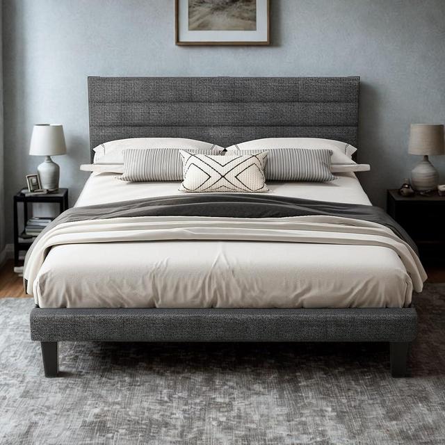 VINGLI Platform Bed Frame Queen Size with Linen Fabric Headboard,Modern Panel Low Profile Bed with Upholstered & Sturdy Slats Support for Bedroom, Mattress Foundation, Dark Gray
