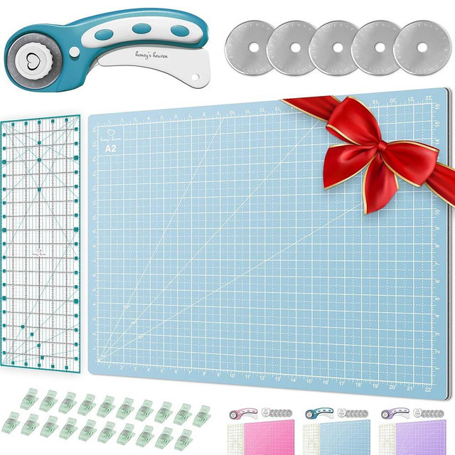 Rotary Cutter Set turquoise - Quilting Kit incl. 45mm Rotary Cutter, 5 Replacement Blades, A2 Cutting Mat, Acrylic Ruler and Craft Clips - Ideal for Crafting, Sewing, Patchworking, Crochet & Knitting
