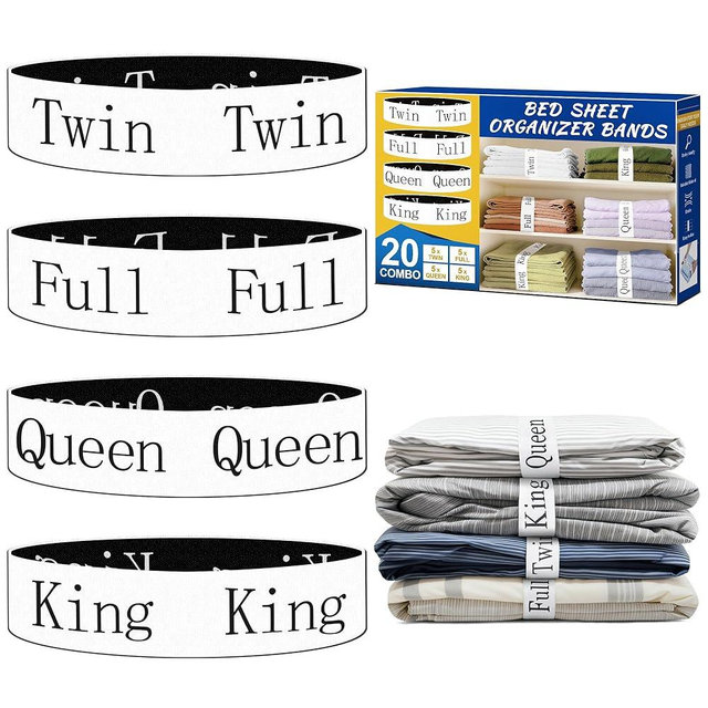 WHISPERING WONDER 20 Pack Elastic Bed Sheet Organizer Bands with Size Labels，Elastic Bedding Band Labels for Organizing Bed Sheets with Assorted Sizes