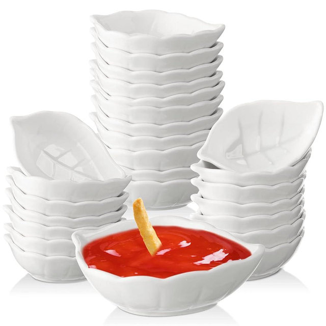 Eccliy 14 Pack Ceramic Soy Dipping Sauce Dish Leaf Shape Bowls Cute Dipping Sauce Cups White Dipping Bowls Small Mini Leaf Dish for Charcuterie Condiments Appetizer BBQ Sushi Serving Plates Soy Sauce