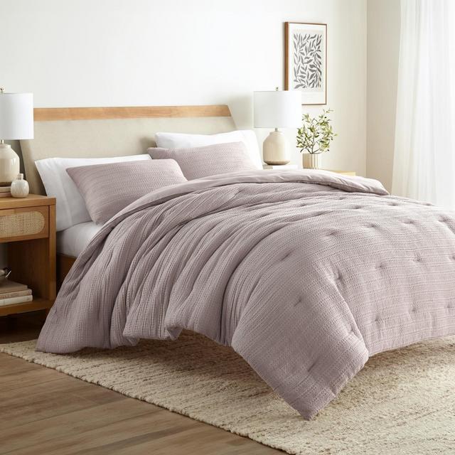 Waffle Textured Comforter Set All Season Down-Alternative Ultra Soft Bedding - Becky Cameron, Mauve, King/California King