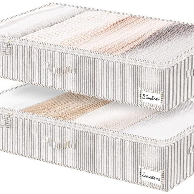 StorageWorks Underbed Storage Bins, Under Bed Storage Containers with Zippers, Closet Organizer for Clothes, Blankets, Gray and White Stripes, Jumbo, 2 Pack