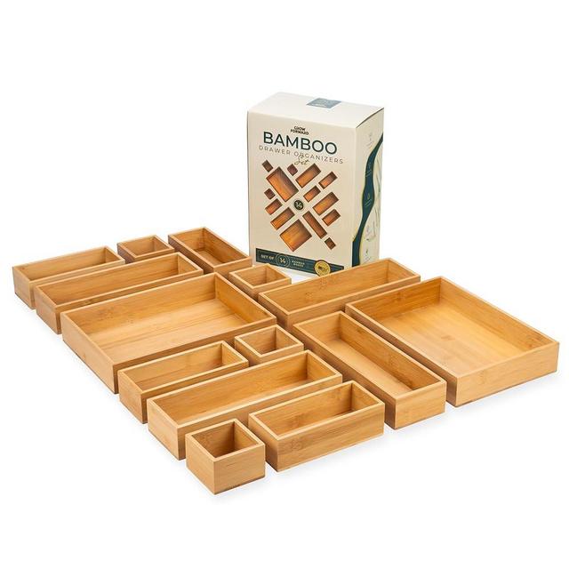 Grow Forward 14-Piece Bamboo Drawer Organizer Boxes Set - Storage Trays for Kitchen, Bathroom, Office, Desk, Nightstand, Vanity, Makeup - Nesting Wooden Junk Drawer Organizer Bins - 4 Assorted Sizes