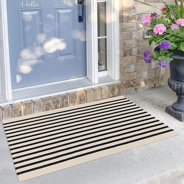 KILOCOCO Beige Striped Rug 2.3'x3.6' Indoor Outdoor Rugs Front Door Mat Hand Woven Cotton Washable Striped Layered Doormats for Front Door/Kitchen/Farmhouse/Entryway/Patio