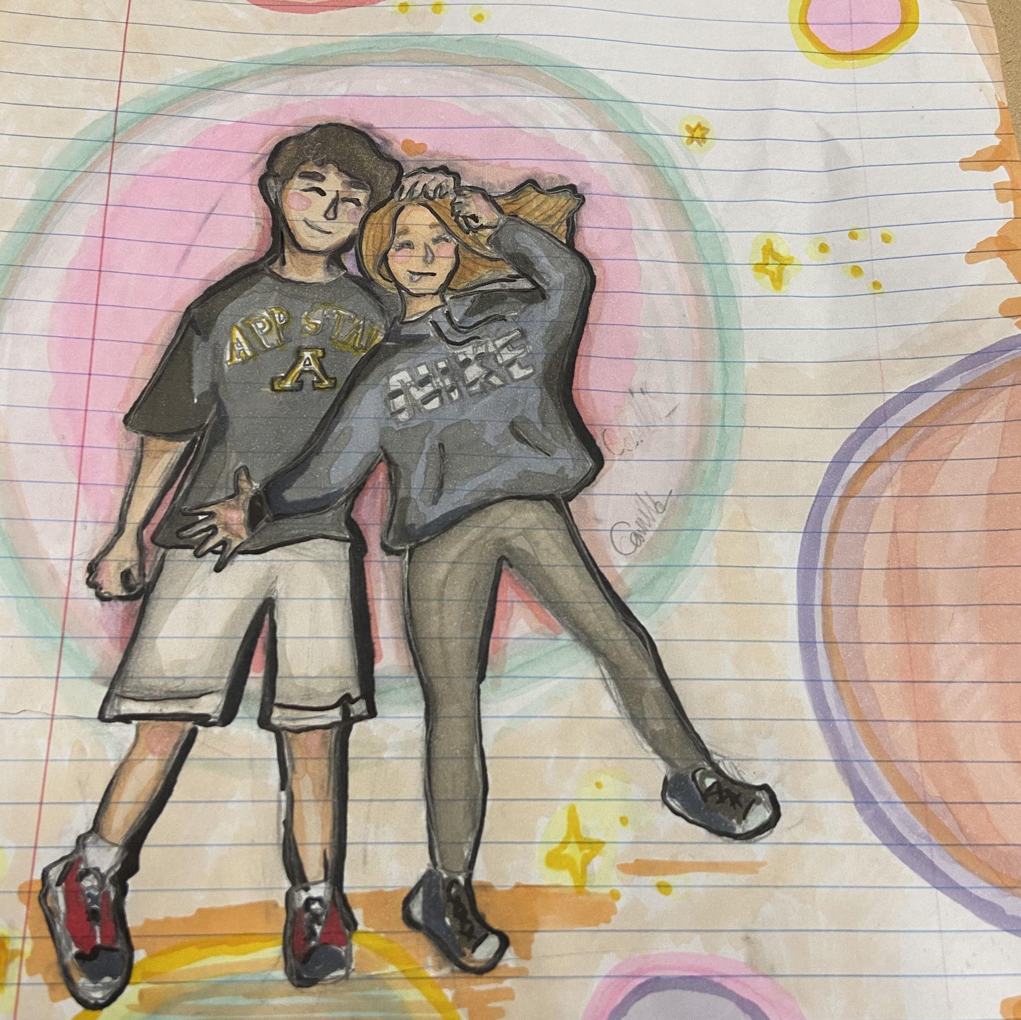 A drawing of the bride & groom from 2020 by a friend