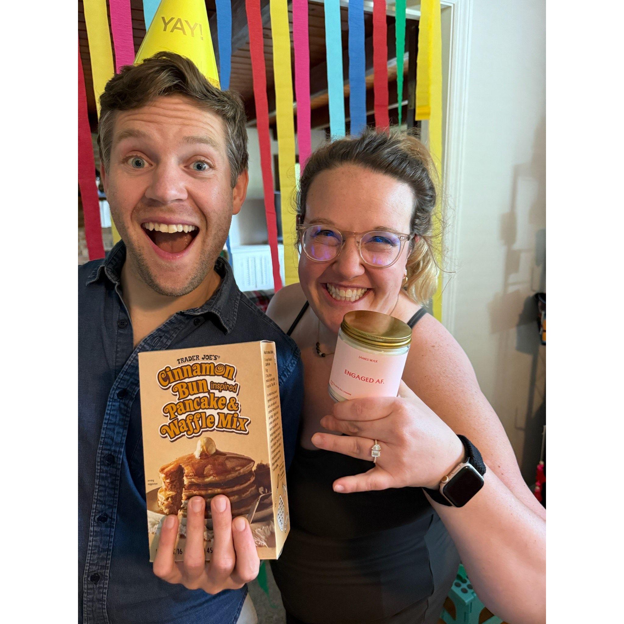 Shortly after getting engaged - we celebrated with an "Engaged AF" candle and some Trader Joe's