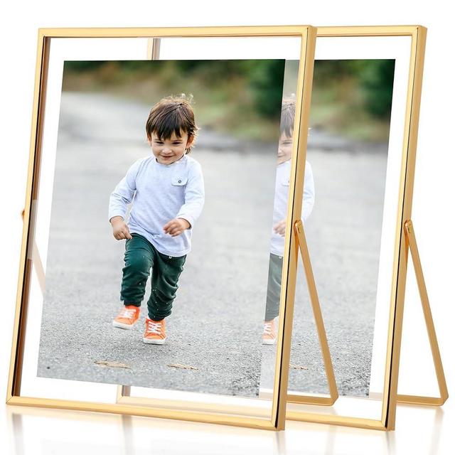 Fixwal Gold Frame Floating Picture Frame Set of 2, 8 x 10 Tempered Glass Frame, for Tabletop Display, Gold Metal Display Frame, for Multi Size Photos Including 6 x 8,5 x 7
