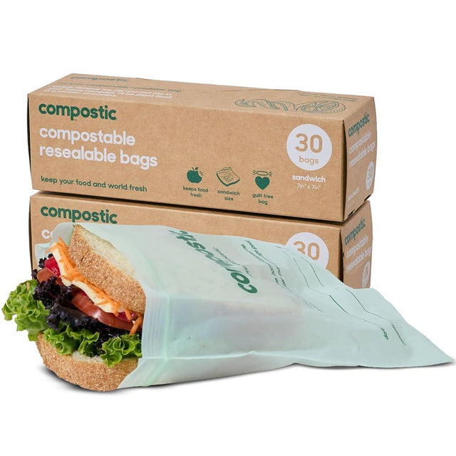 Compostic Home Compostable Resealable Sandwich Bags (7"x7"), Microwave & Freezer Safe, Organic Food Storage Container, 60 Count (30 per box)