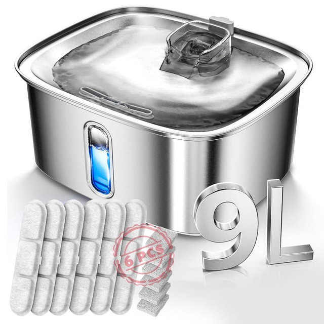 Dog Water Fountain for Large Dogs, 9L/2.4Gal Stainless Steel Dog Fountain with Water Level Window & Filtration, Automatic Pet Water Bowl Dispenser Indoor, Super Quiet (with 6 Filters)