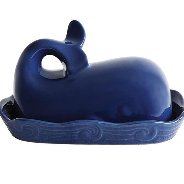 Creative Co-Op Whale Shaped Lid-Perfect Butter-Ocean Themed Kitchenware-Stoneware Dishwasher Dish-Food Safe, 1 EA, Navy