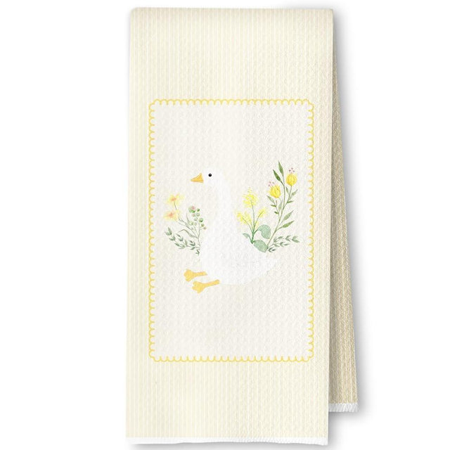 SkipTiger Vintage Goose Kitchen Towels, Yellow Stripe Floral Goose Decorative Hand Towels for Kids Bathroom, Cottagecore Botanical Farm Animal Dish Tea Towels for Kitchen, 16x24 Inches